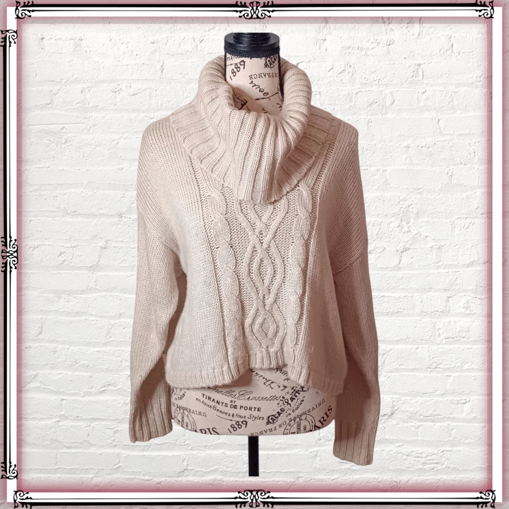 Anthro Kaisely Cream Cable Knit Cropped Turtleneck Sweater Size Med